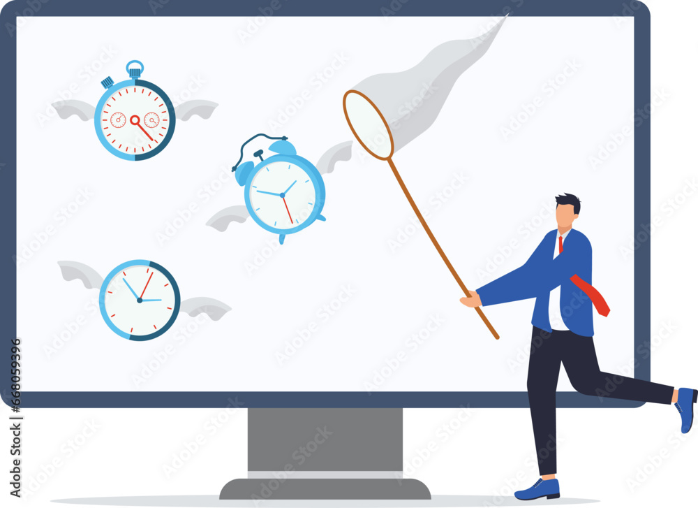 Frustrated businessman hurry chasing to catch flying away alarm clock