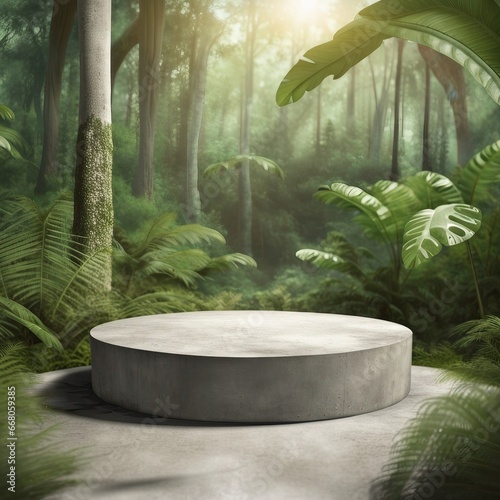 Concrete podium in tropical forest for product presentation in swamp, Generative AI