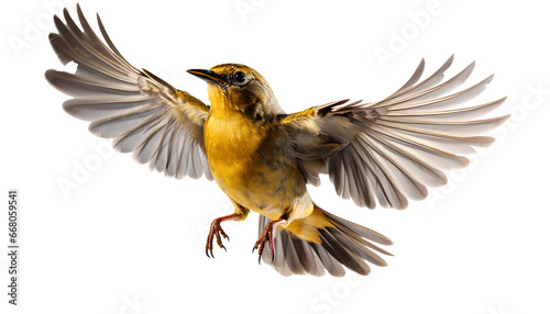 Yellow bird caught in flight PNG. Bird flying PNG. Bird with wings spread isolated PNG. Bird PNG © Divid