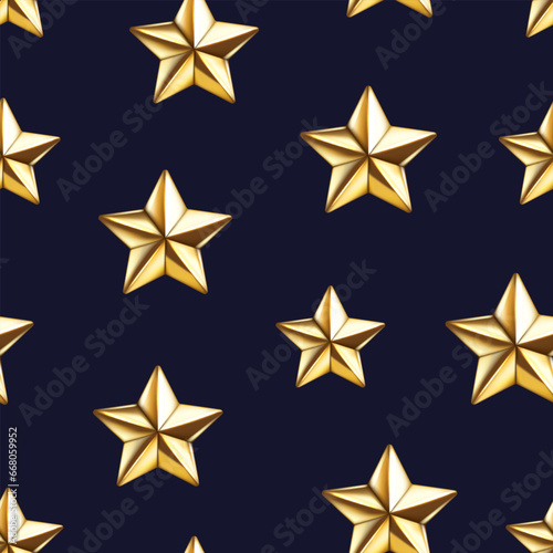 Seamless pattern of realistic 3d glossy golden star. Decorative 3d winner emblem  Christmas star element. Happy New Year vector illustration for greeting card  wallpaper  wrapping paper  fabric