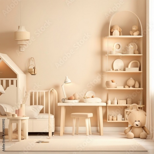 Children working room,Mock up wall in the children's room in light cream color wall background, Generative AI