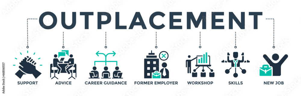 Outplacement banner web icon vector illustration concept with the icon of support, advice, career guidance, former employer, workshop, skills, new job, training, and presentation Outplacement banner web icon vector illustration concept with the icon of support, advice, career guidance, former employer, workshop, skills, new job, training, and presentation