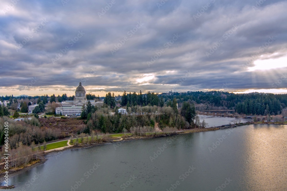 Aerial view of the capital building in Olympia, Washington
