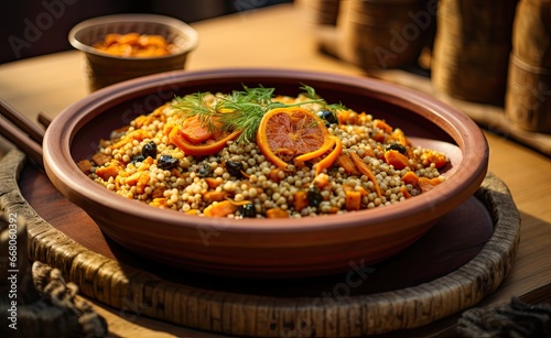 Orange dish with rice, lentils and couscous