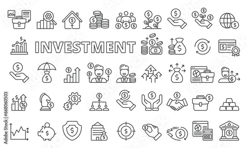 Investment icons set in line design. Business, Finance, Wealth, Growth, Income, Money, Investor, Stock, Portfolio, Risk, Inflation, Bond, Interest, Strategy, vector illustrations. Editable stroke icon