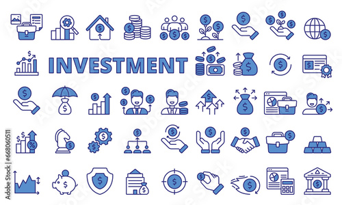Investment icons set in line design blue. Business, Finance, Wealth, Growth, Income, Money, Investor, Portfolio, Risk, Inflation, Bond, Interest, Strategy, vector illustrations. Editable stroke icon