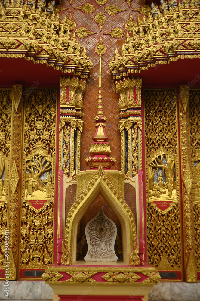 Art of entrance door and Bai Sema is the Buddhist boundary of Wat Tham Suea is a temple and tourist attraction have large Buddha image. is a top of hill. Located at Kanchanaburi Province in Thailand.