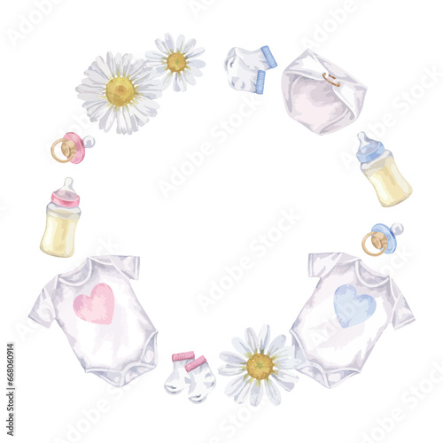 Baby Frame border vector illustration. Hand drawn Wreath on white isolated background. Watercolor drawing of blue and pink kids stuff for boy and girl. For gender reveal party invitations and cards