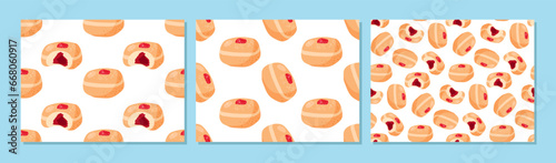 Seamless pattern set with Stuffed doughnut whole and bitten. Three pattern collection. Repeated cartoon flat vector illustration for wallpaper, wrapping. Pastry donut with jam. Sweet unhealthy food photo