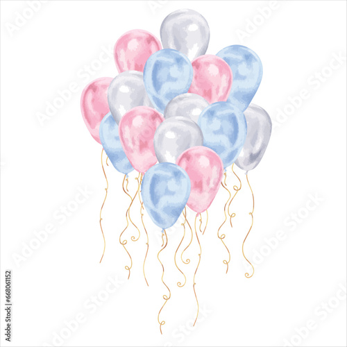 Balloons Vector illustration. Hand drawn graphic clip art of baloon on white isolated background. Watercolor drawing of blue and pink birthday ballon. For baby happy birthday decoration