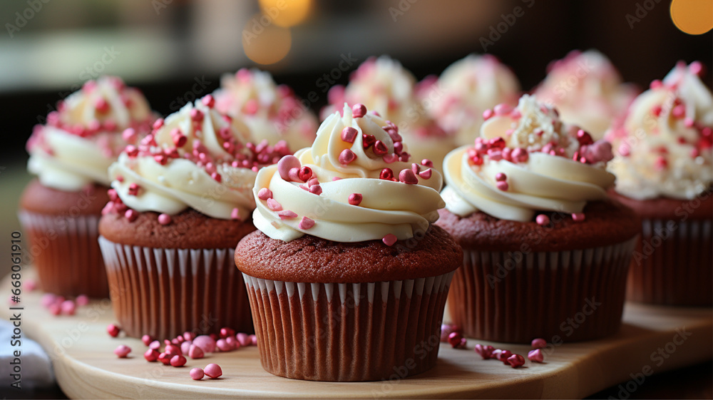 Red Velvet Cupcakes, Bake red velvet cupcakes with cream cheese frosting and heart-shaped toppers