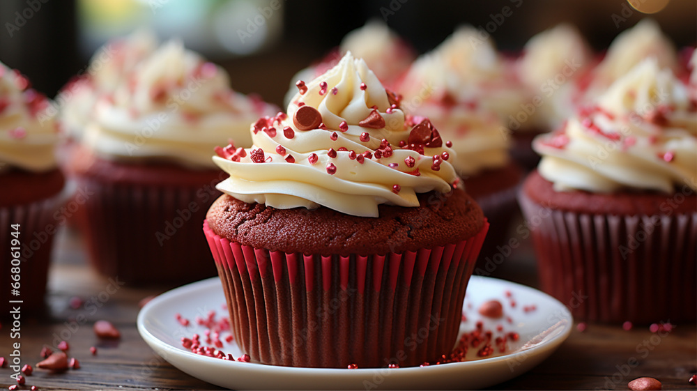 Red Velvet Cupcakes, Bake red velvet cupcakes with cream cheese frosting and heart-shaped toppers