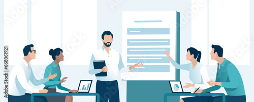 Presentation, education, learning business illustration. The business team listens to the teacher. 