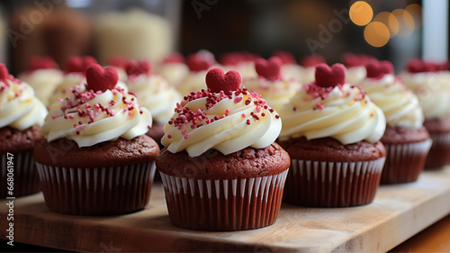 Red Velvet Cupcakes, Bake red velvet cupcakes with cream cheese frosting and heart-shaped toppers