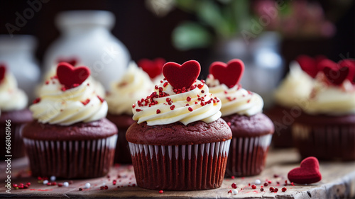 Red Velvet Cupcakes, Bake red velvet cupcakes with cream cheese frosting and heart-shaped toppers