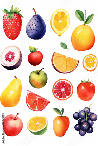 fruit set collection watercolor clipart cute isolated on white background