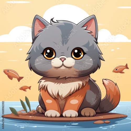 Cat Holding FishIcon,Cartoon Illustration, For Printing photo