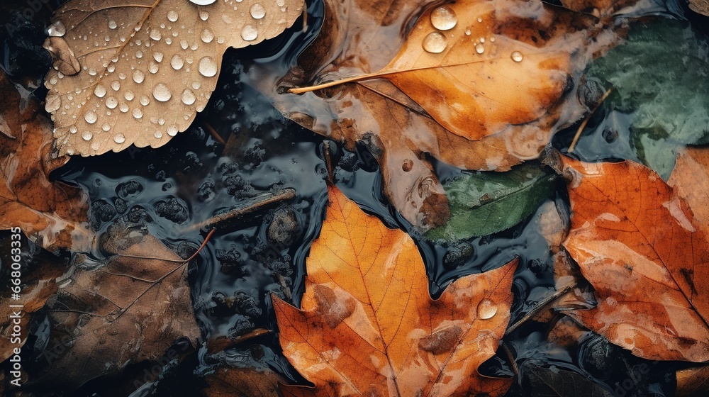Colorful autumn leaves covered in sparkling water droplets on a dewy forest floor, a beautiful sight of nature.