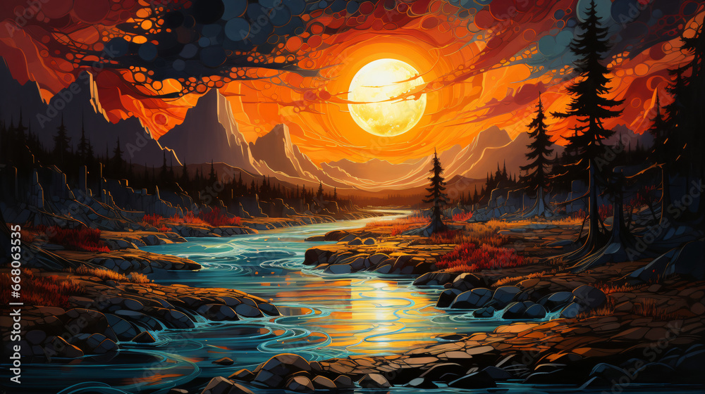Fototapeta premium River sunset in cartoon western style