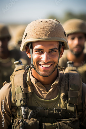Obraz na płótnie Portrait of a smiling Israeli soldier in combat gear w salonie
