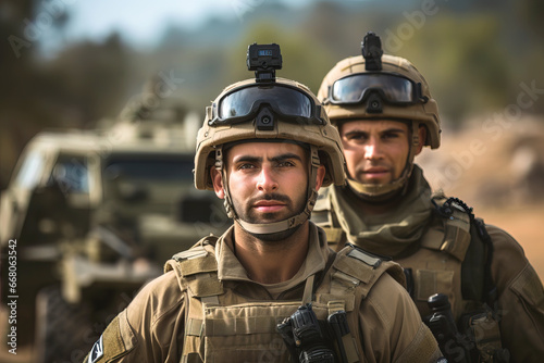 Israeli soldiers in combat gear against the background of military equipment photo