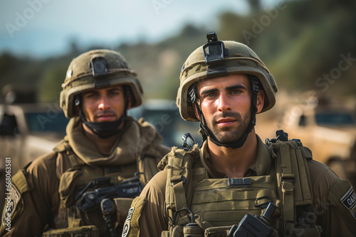 Israeli soldiers in combat gear with helmets on their heads photo