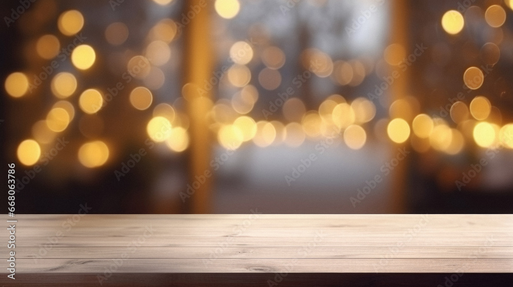 Wooden table in front of blurred Christmas lights background. Ready for product display mock up.