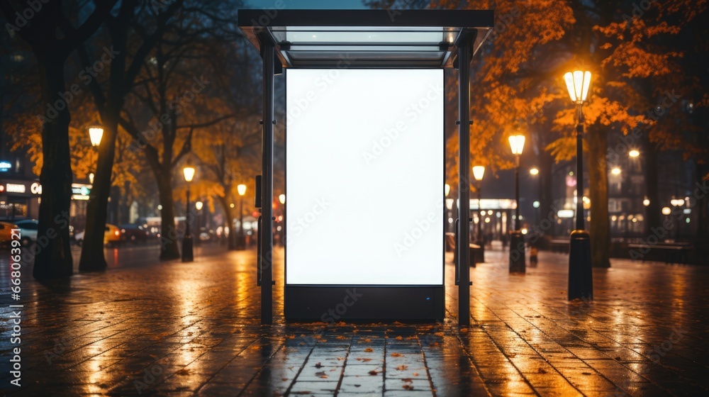 Vertical large Mock up with poster in autumn city street at night Stock