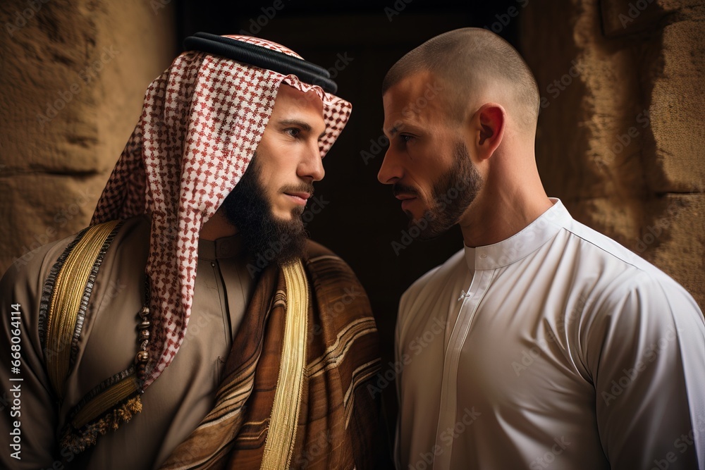 Portrait of an Israeli and an Arab looking at each other. The concept of confrontation and enmity between Israel and Palestine - obrazy, fototapety, plakaty 