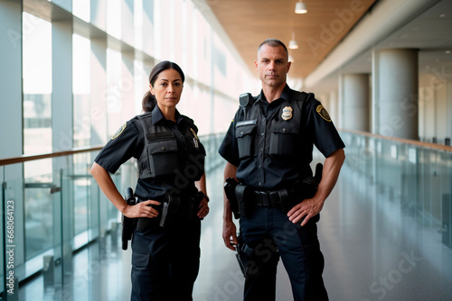 Two police officers with their uniforms standing inside of a building. photo