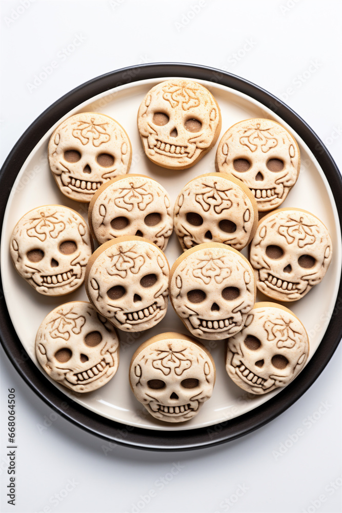 Obraz premium Top Down Photograph, Halloween Skull Cookies Isolated on a White Background, Generative AI
