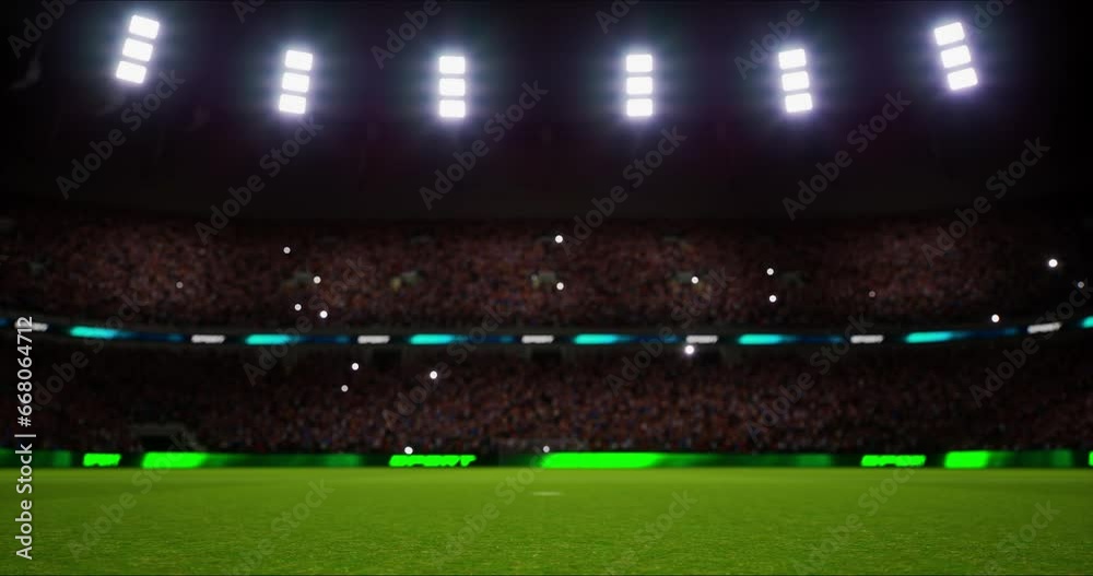 Green grass playground and stadium full of spectators and shining spotlights. Sport event as looped 4k video background. Green grass playground and stadium full of spectators and shining spotlights. Sport event as looped 4k video background.