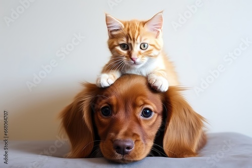 Redhaired Puppies Pose With Cat On Dogs Head. Сoncept Nature Landscapes, Candid Moments, Urban Exploration, Artistic Portraits, Adventure Sports