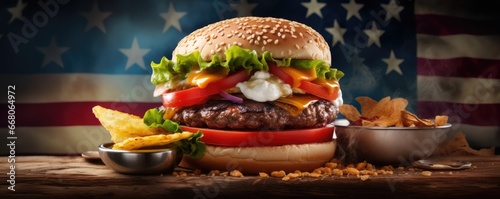 Hamburger with meat and vegetables, bacon and egg inside, american flag, panorama. Generative Ai.