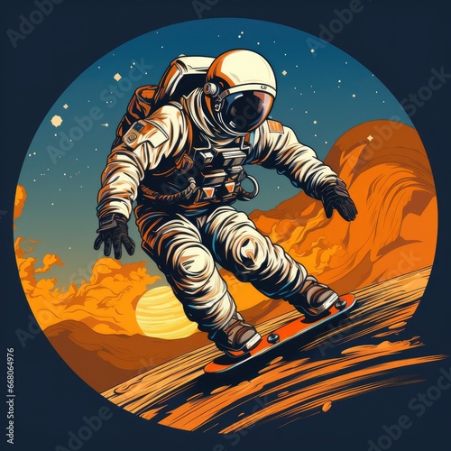 Astronaut Playing Skateboard MoonIcon,Cartoon Illustration, For Printing photo