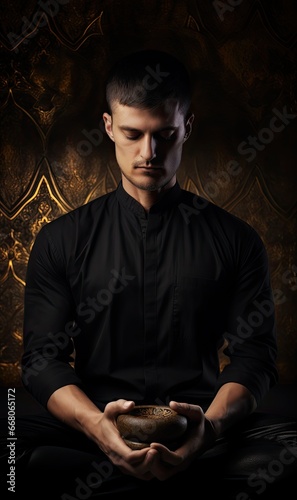 Man in black shirt doing a yoga pose with his hands folded