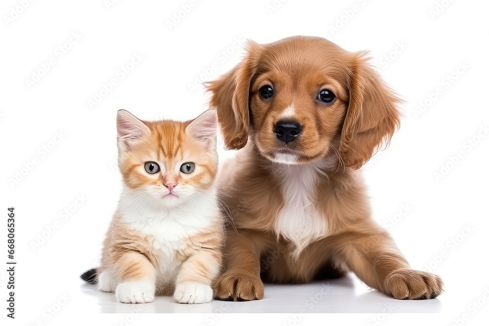 Small Kitten And Puppy Pose On White Backdrop Small Kitten And Puppy Pose On White Backdrop