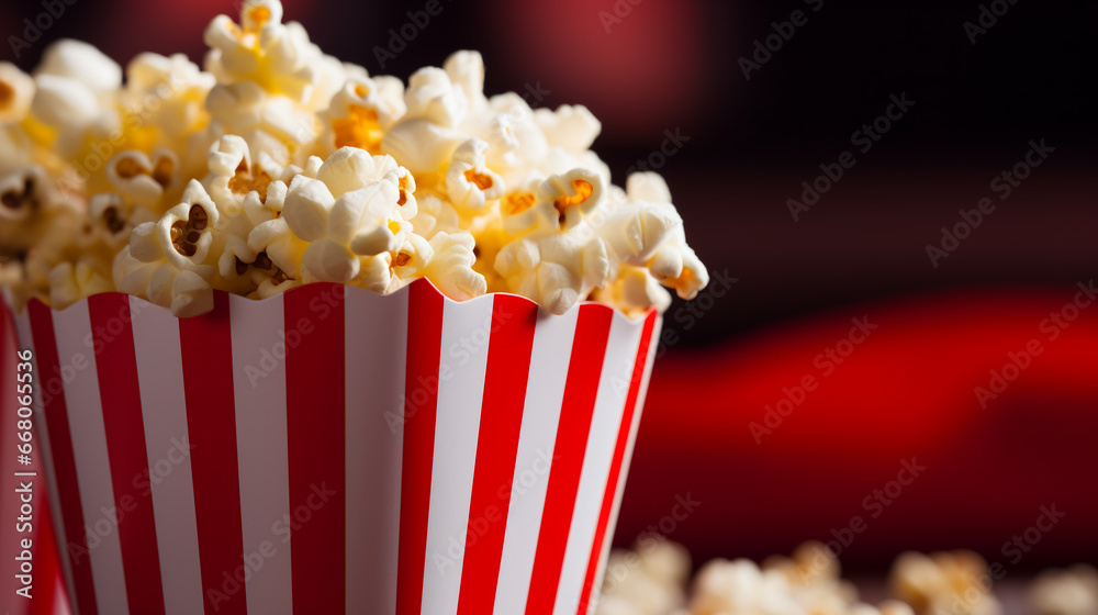 Red striped box of popcorn in the cinema background. Evening watching a movie or TV