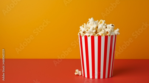 Red striped box of popcorn in the cinema background. Evening watching a movie or TV © lelechka