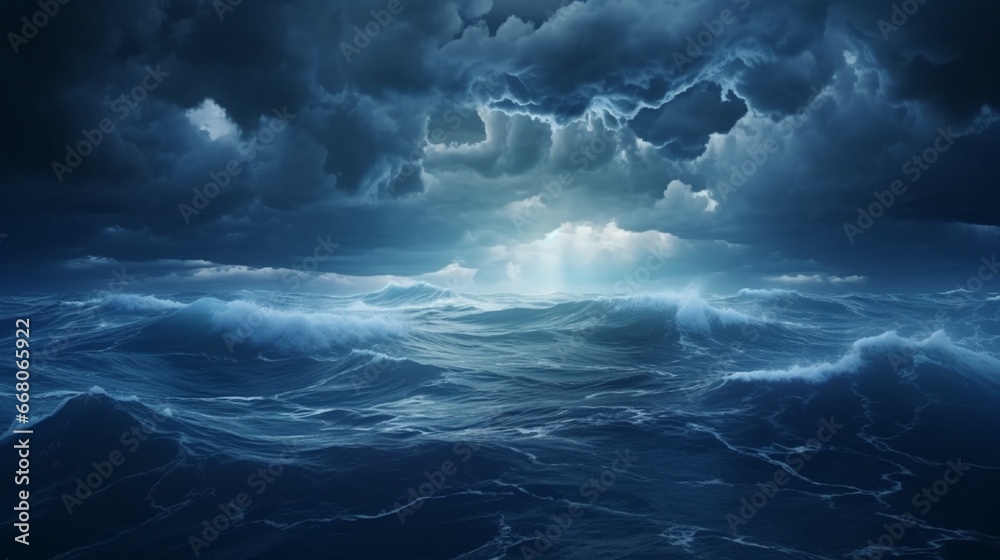 Dark blue clouds and sea or ocean water surface with foam waves before storm dramatic seascape