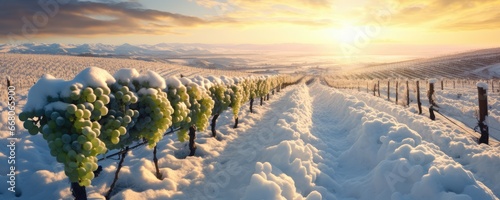 Wine grapes covered with snow on snowy vineyard after cold autumn season, panorama. Generative Ai