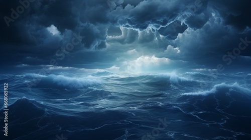 Dark blue clouds and sea or ocean water surface with foam waves before storm dramatic seascape