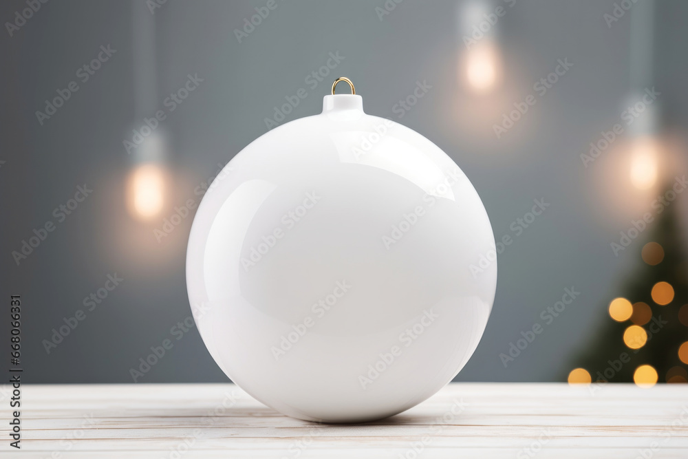 White Christmas bauble on a wooden surface with blurred festive lights and a Christmas tree in the background. Happy winter holiday concept White Christmas bauble on a wooden surface with blurred festive lights and a Christmas tree in the background. Happy winter holiday concept