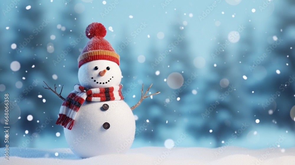 Merry christmas and happy new year greeting card with copy-spaceHappy snowman standing in winter christmas landscapeSnow background