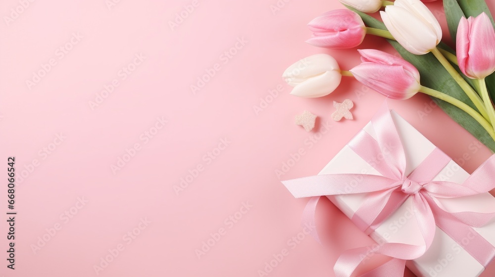 Mother's Day decorations concept Top view photo of trendy gift boxes with ribbon bows and tulips on isolated pastel pink background with copyspace Mother's Day decorations concept Top view photo of trendy gift boxes with ribbon bows and tulips on isolated pastel pink background with copyspace