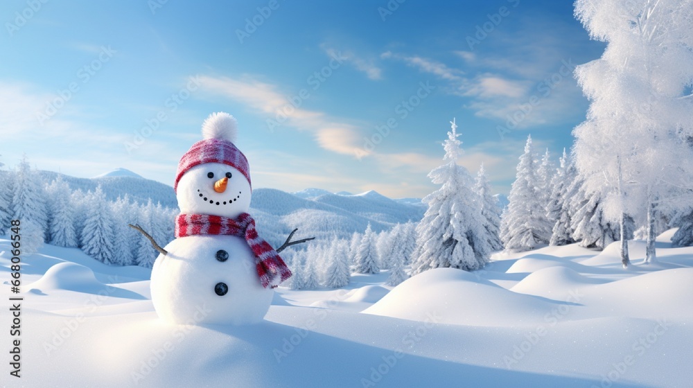 Obraz premium Panoramic view of happy snowman in winter scenery with copy space