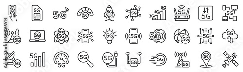 Set of 30 outline icons related to 5G line technology. Linear icon collection. Editable stroke. Vector illustration