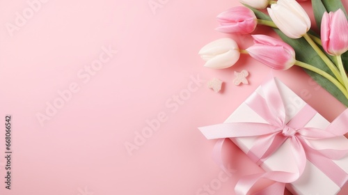 Mother's Day decorations concept Top view photo of trendy gift boxes with ribbon bows and tulips on isolated pastel pink background with copyspace © Eric