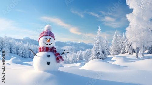 Panoramic view of happy snowman in winter scenery with copy space © Eric