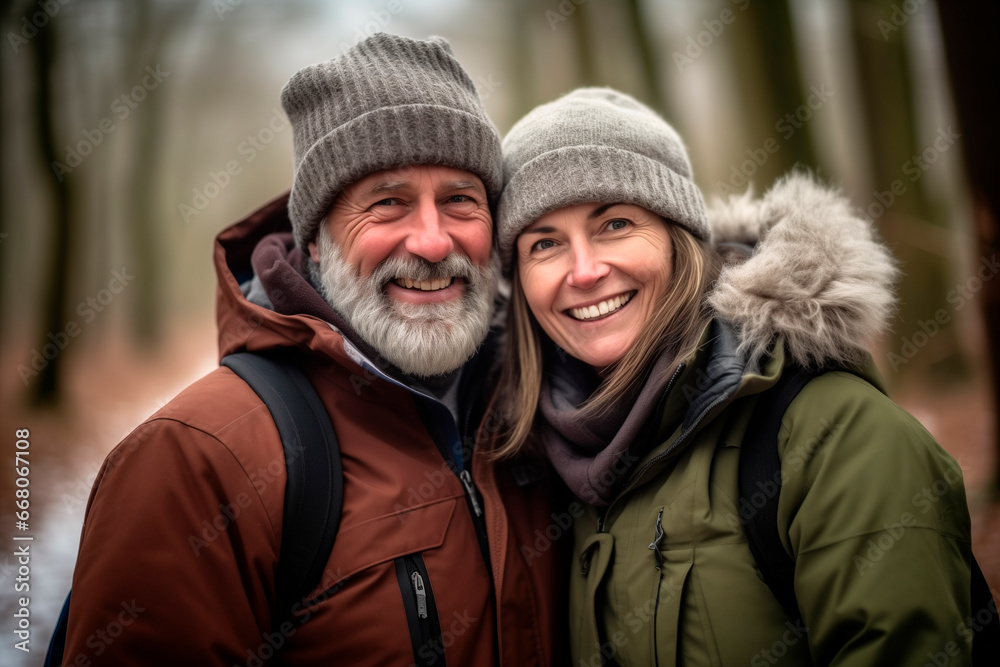 Portrait of a smiling middle aged couple dressed in winter hugging in a forest. Love for nature. hiking Portrait of a smiling middle aged couple dressed in winter hugging in a forest. Love for nature. hiking